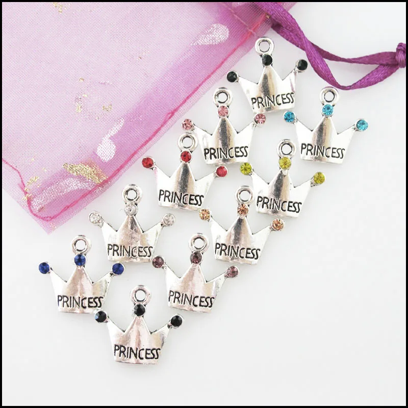 20Pcs Mixed Crystal Antique Silver Color Princess Crown Charms Pendants 17x19mm