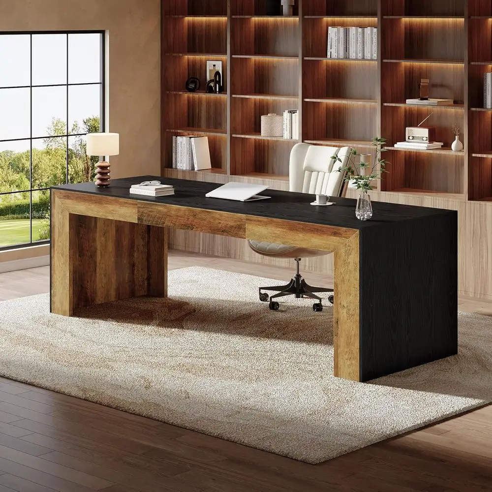 

Double-Person Executive Desk, 78.7 Long, Wooden Top and Legs, Large Workstation for Gaming or Home Office, Heavy Duty, Black & B