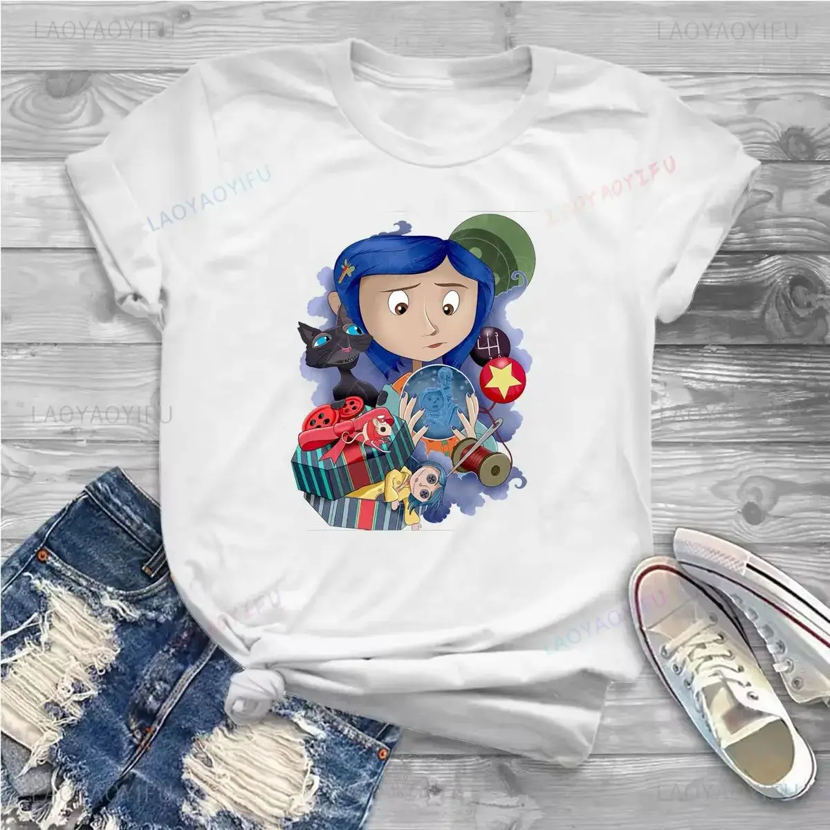 Classic Cotton Women\'s T Shirts Vintage Coraline Amazing Tees Short Sleeve Crewneck T-Shirt Summer Clothing