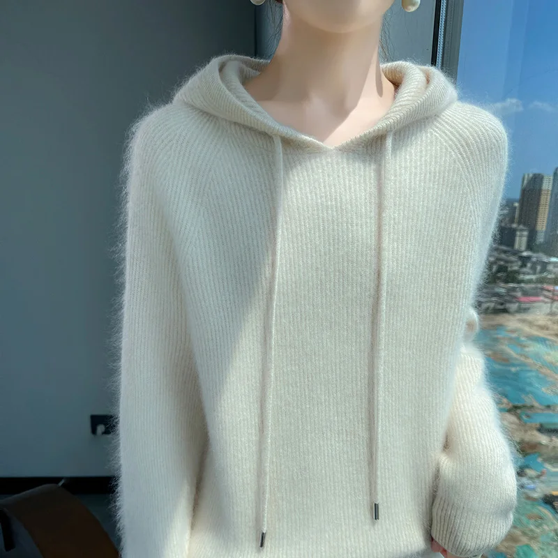 

Новинка 25, осенне-зимний женский свитер с капюшоном из 100% чистого норкового кашемира, однотонный вязаный универсальный женский пуловер с длинными рукавами