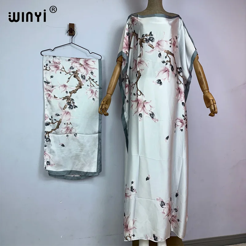 WINYI beach Africa summer kaftan with belt Women boho print Caftan Elegant Holiday summer Maxi silk feeling Bohemian party dress