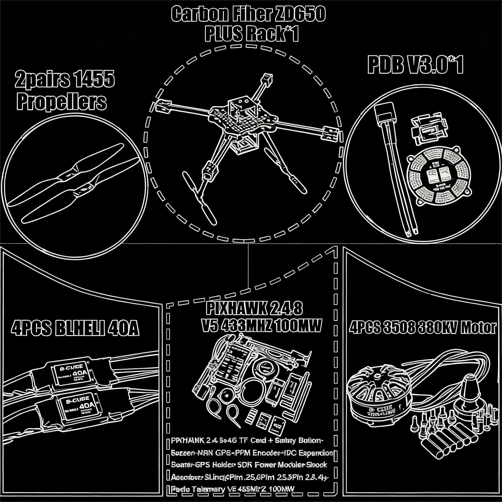 

B-CUBE ZD650 PLUS 650mm Ardupilot Pixhawk Carbon fiber Quadcopter Frame FPV Quad with Carbon Fiber Landing Skid Motor ESC 40A