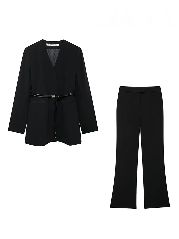HH Women 2 Piece Set V-Neck Long Sleeves Pocket Belt Decorate Slim Blazer Coat+Fashion High Waist Loose Casual Wide Leg Pant