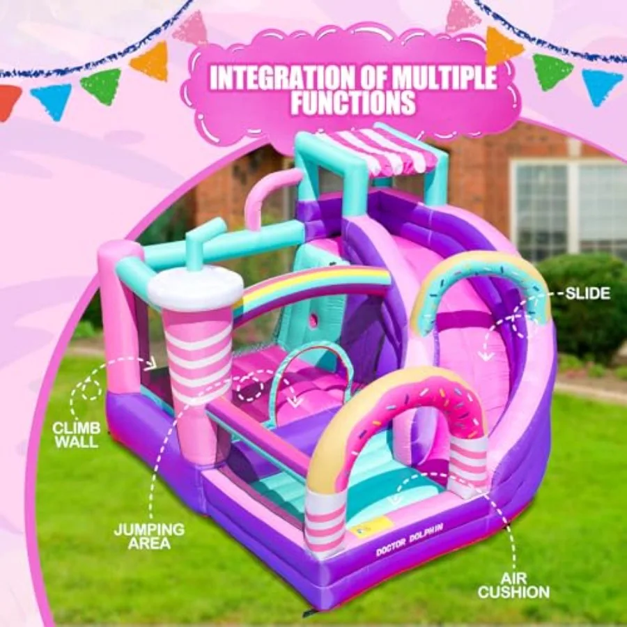 Casa de rebote inflable con tobogán, castillo de rebote, castillo inflable para interiores y exteriores, área de juego multifunción con pared trepadora, rosa a