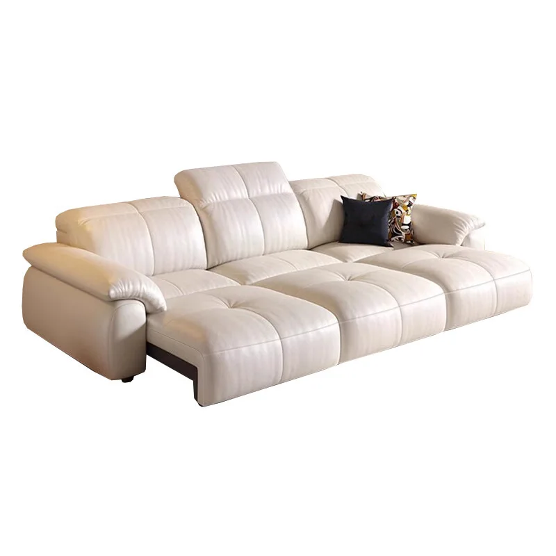

Modern minimalist leather sofa bed, first layer of cowhide, retro cream style, living room, electric, home theater, adjustable