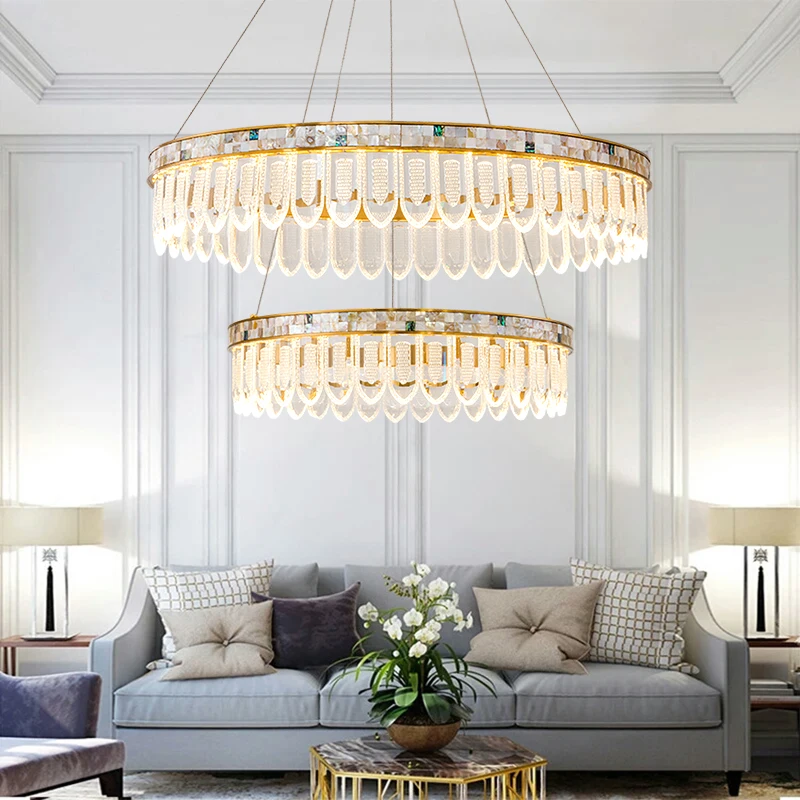 Shell Decor Embossed Glass LED Chandeliers for Living Room Ring Lights Copper Hanging Lamps for Bedroom Home Luxury Round Lustre