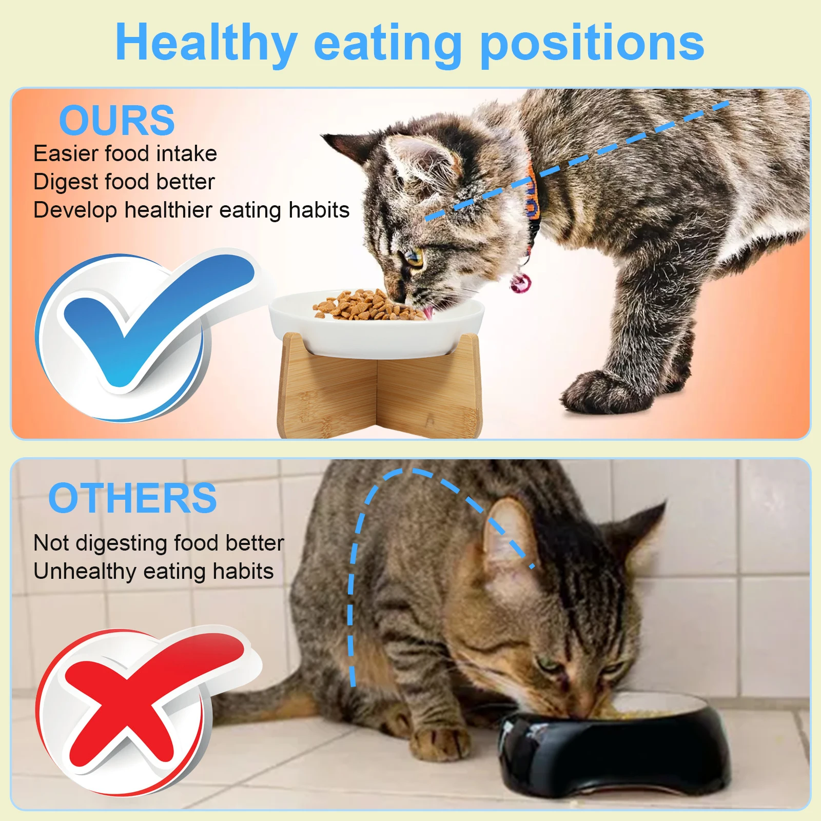 Raised Cat Bowl Elevated Cat Bowls with Wood Stand Ceramic Slow Feeder Bowl Cat Feeding Bowl Anti Vomiting Cat Food Bowl Non-Sli