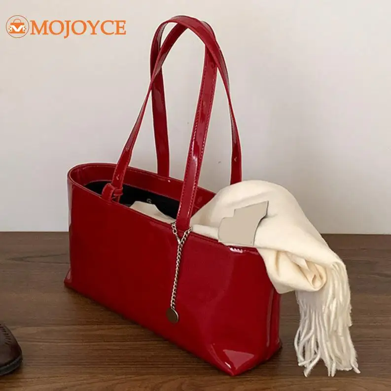 Simple Horizontal Square Design Luxurious Patent Leather Women Handbag Vintage Red Fashion Shoulder Bag Large Capacity Tote Bags