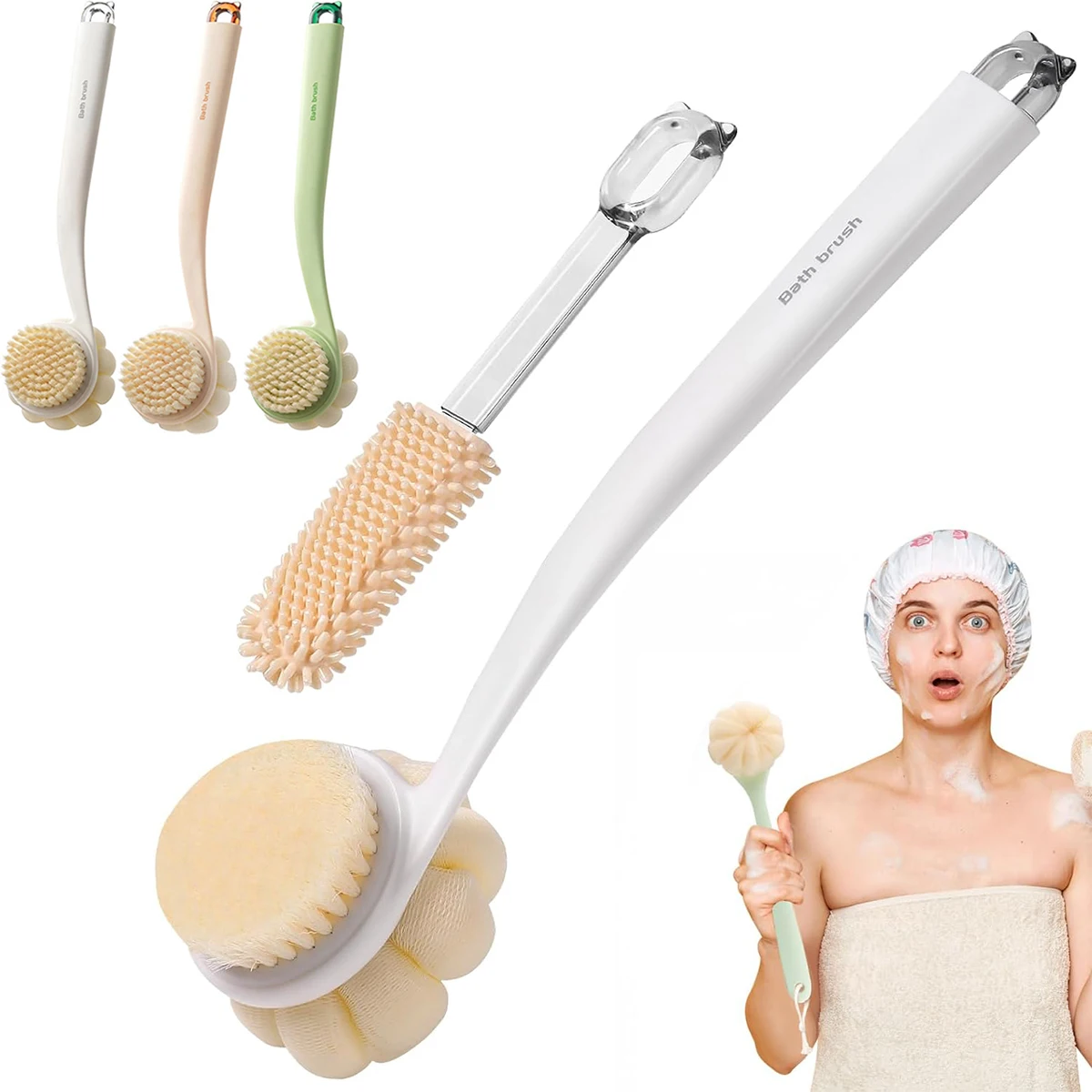 

3-in-1 Shower Brush – Soft Bristles, Loofah & Foot Scrubber with Long Anti-Slip Handle for Full Body Exfoliation