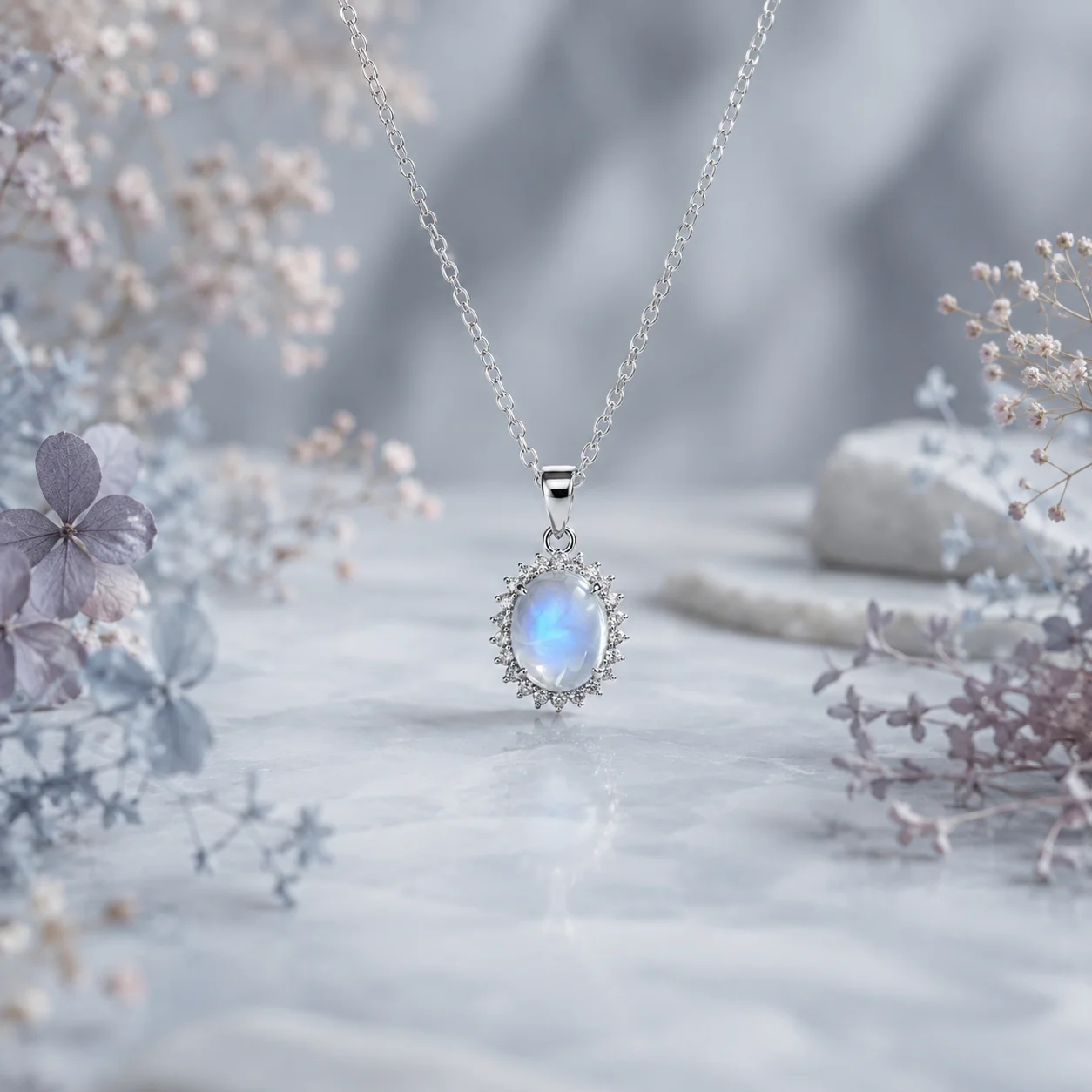 ITSMOS Ethereal Genuine Moonstone Pendant Necklace Blue Adularescence Halo Mystical Healing Crystal Energy Jewelry for Women