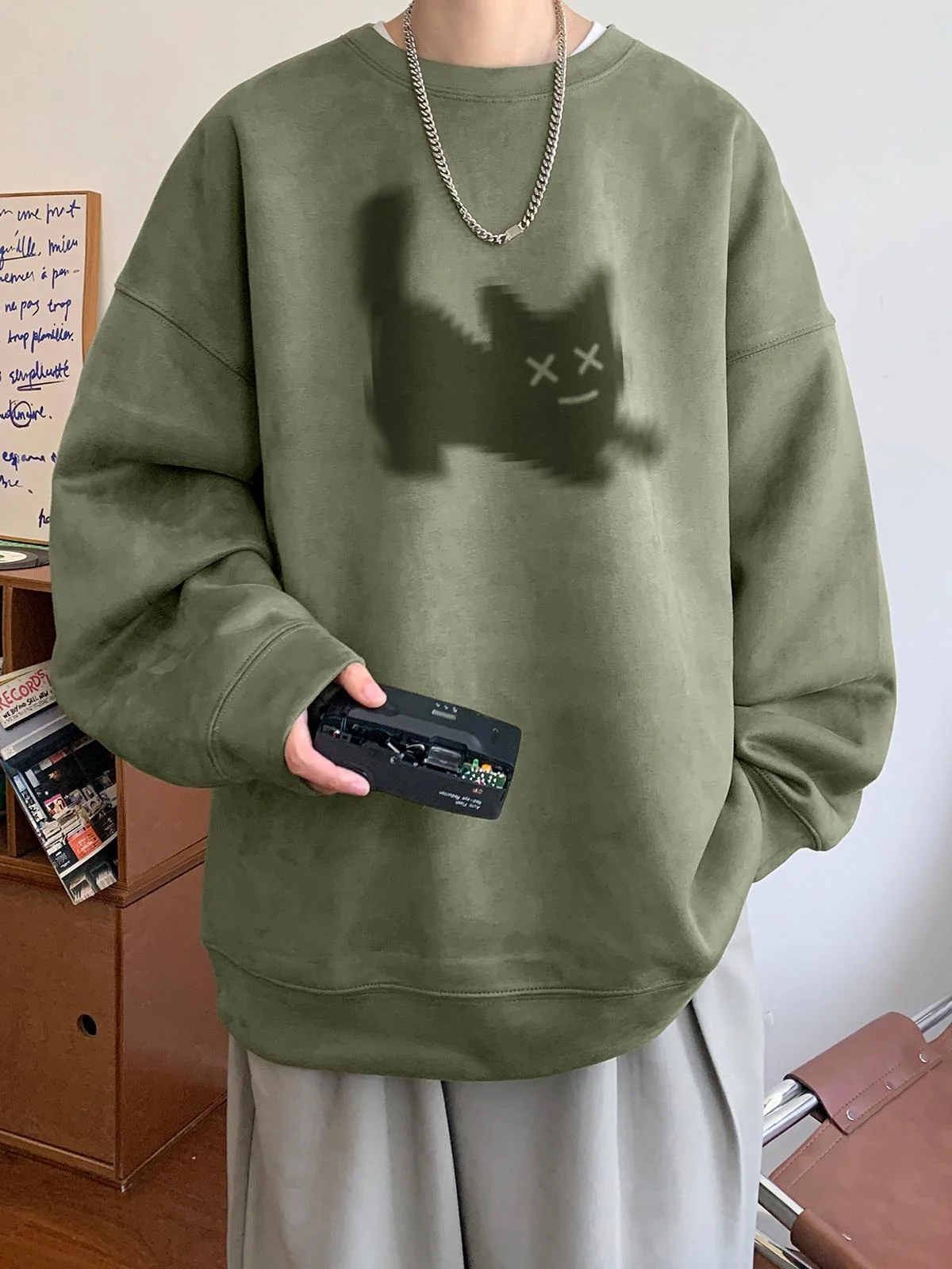 

Autumn Winter Large Size Print Suede round Ne Sweatirt Men's Loose Couple Outerwear Top Trendy Youth Sle