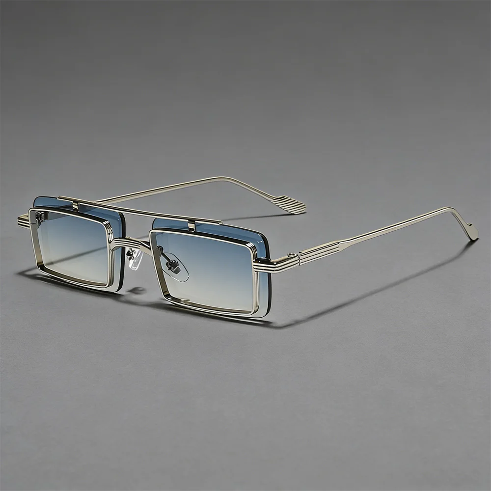 Narrow Rectangle Double Layer Sunglasses Men Women Retro Metal Frame UV400 Protection Trendy Shades