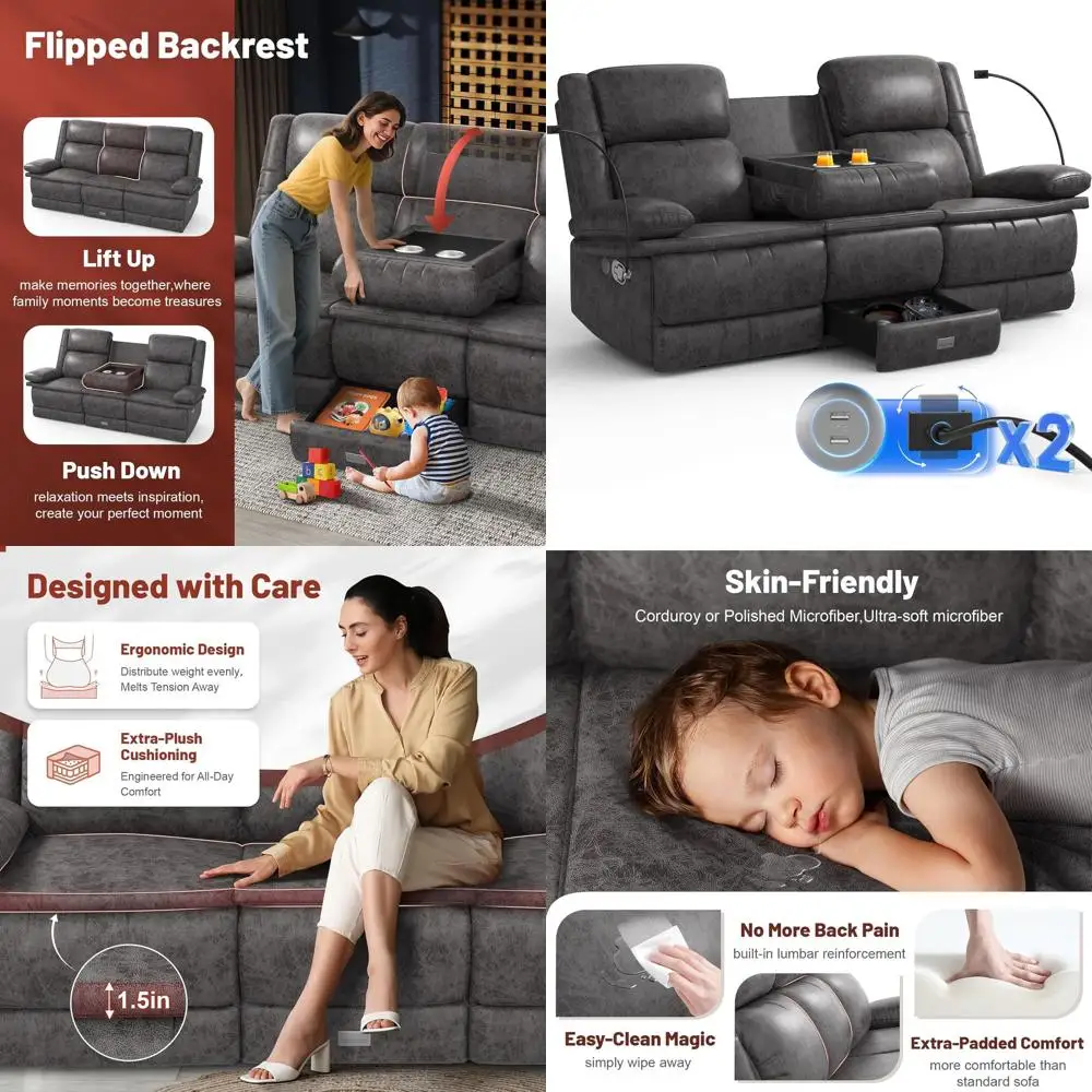 أريكة قابلة للاستلقاء بثلاثة مقاعد مع مسند ظهر قابل للتعديل ومنافذ USB وحاملات أكواب لغرفة المعيشة واستخدام RV