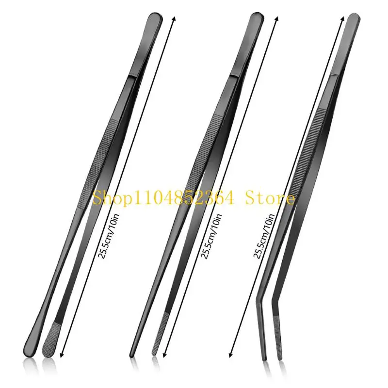 652F Pack of 3 Practical Stainless Steel Grilling Tongs Dishwasher Safe Convenient Long Tweezer for Kitchen Use