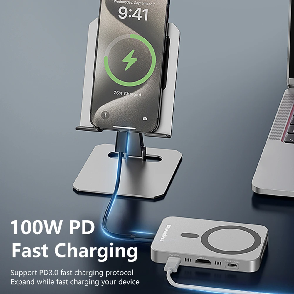 Docking station magnetica per custodia SSD da 10 Gbps con ventola di raffreddamento Lettore di schede NVME 2in1 Docking station Hub 4k 60Hz Memorizzazione video