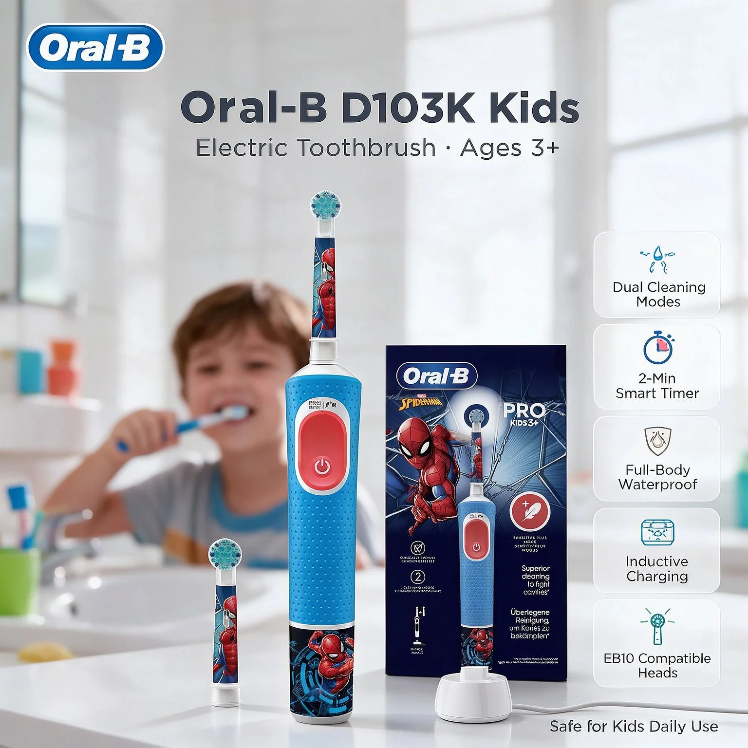 Oral B D103K Kids Electric Toothbrush Dual Cleaning Modes Smart Timer Full-Body Waterproof Inductive Charging