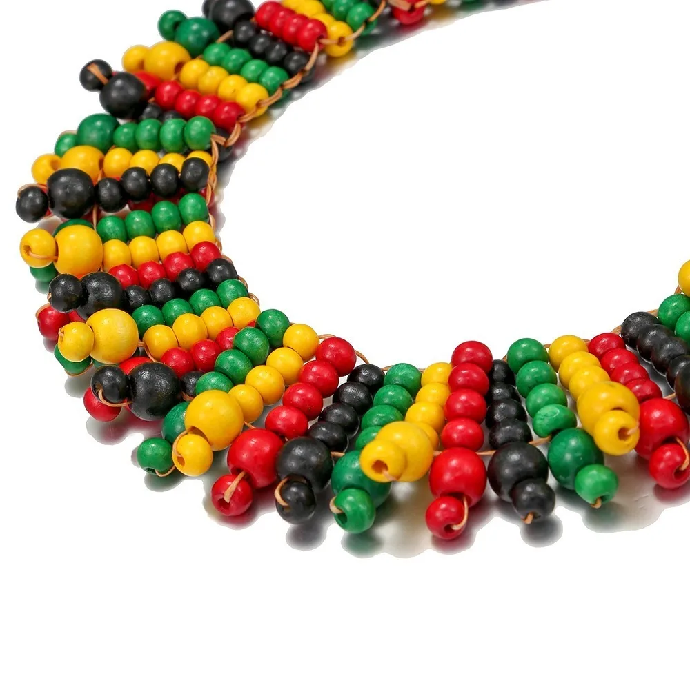 Colorful Beads Jamaican Necklace Earrings Set Wooden Beads African Style Bracelet Woven African Women's String Collar Charm