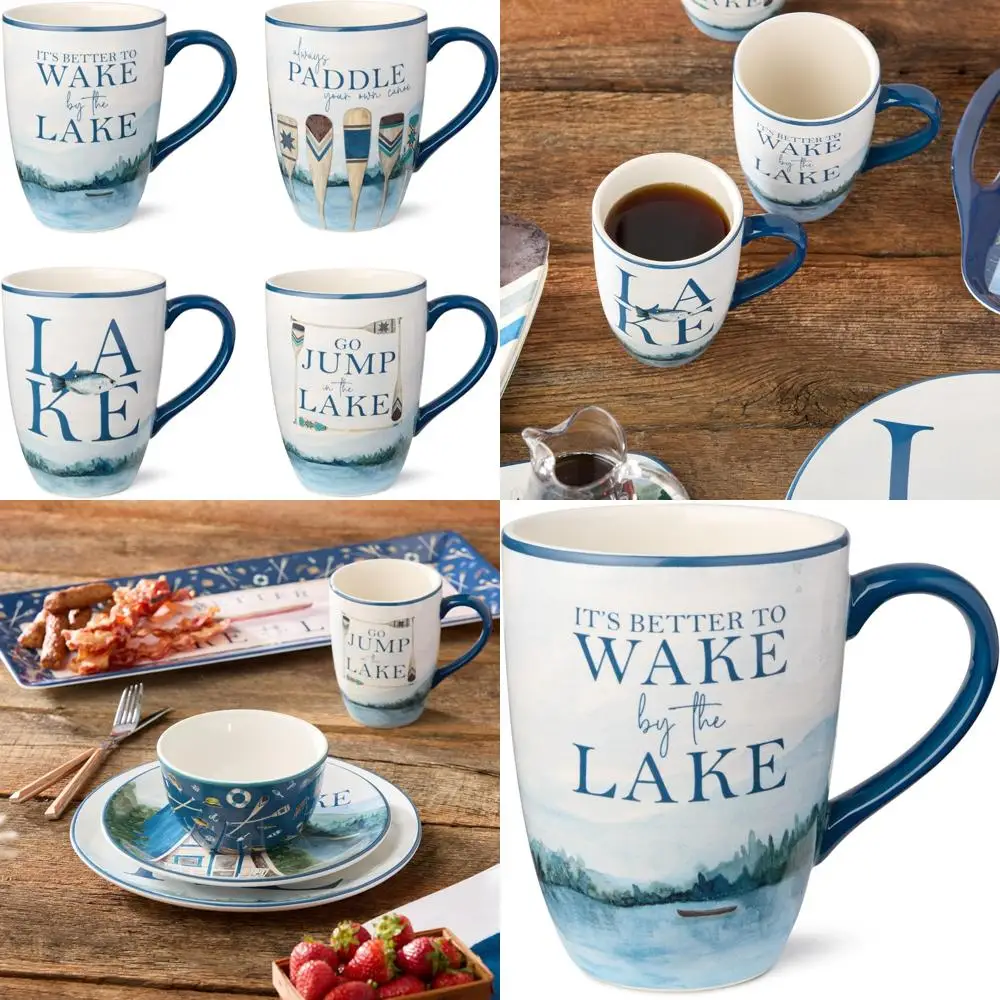 

Lakeside Jumbo Ceramic Mugs Set of 4, Featuring Oars and Water Scene Designs, Dishwasher Safe