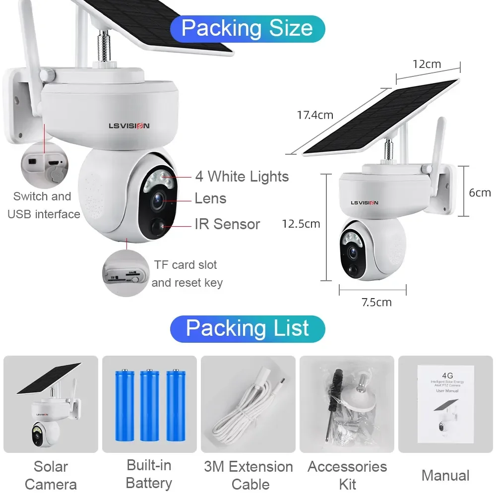 LS VISION-cámara Solar multiusos para exteriores, dispositivo de seguridad con detección de movimiento, Audio bidireccional, 4G, WIFI, PTZ, 2K, 4MP