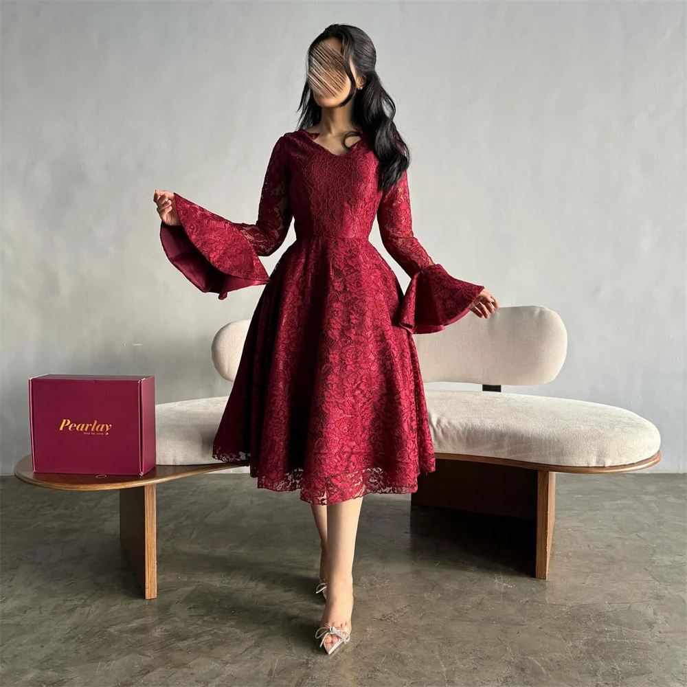 Tarot Burgundy Red V Neck Evening Dresses Lace Appliques Long Flared Sleeves Women Wear Dress A Line Tea Length Holiday Dress