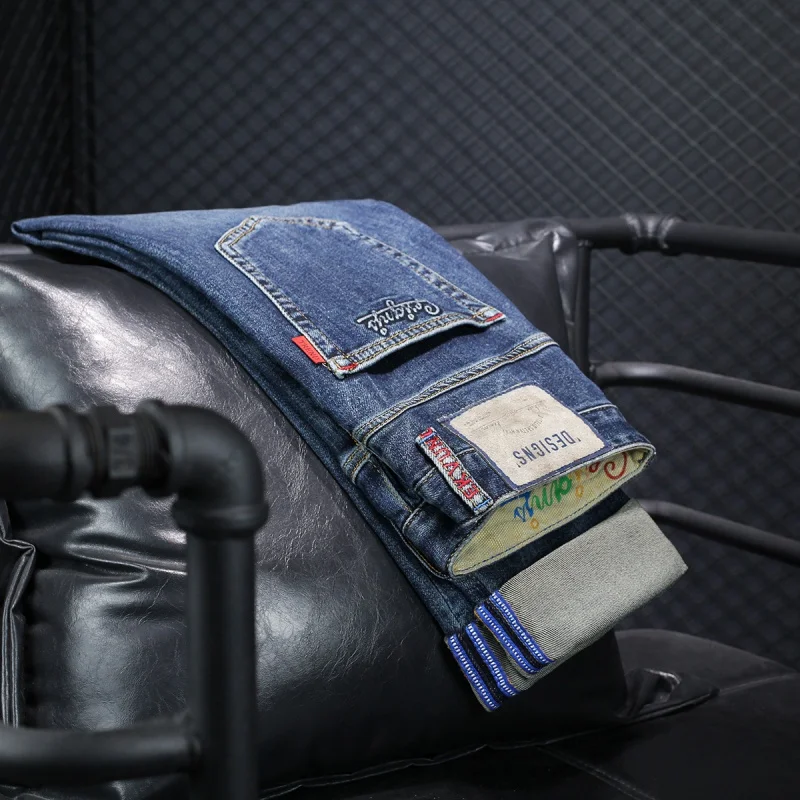 2024 New Retro Trendy Blue Jeans Men's High-End Washed Letter Printing Slim-Fitting Small Straight Long Pants