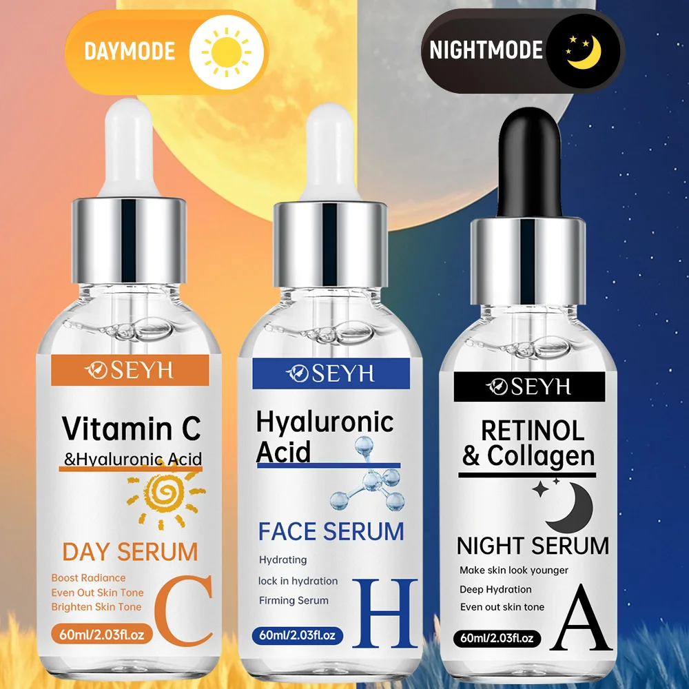 SEYH 3-Piece Set Day & Night Vitamin C + Retinol + Hyaluronic Acid with Collagen Aloe Vera Niacinamide Brightening Skin Tighteni