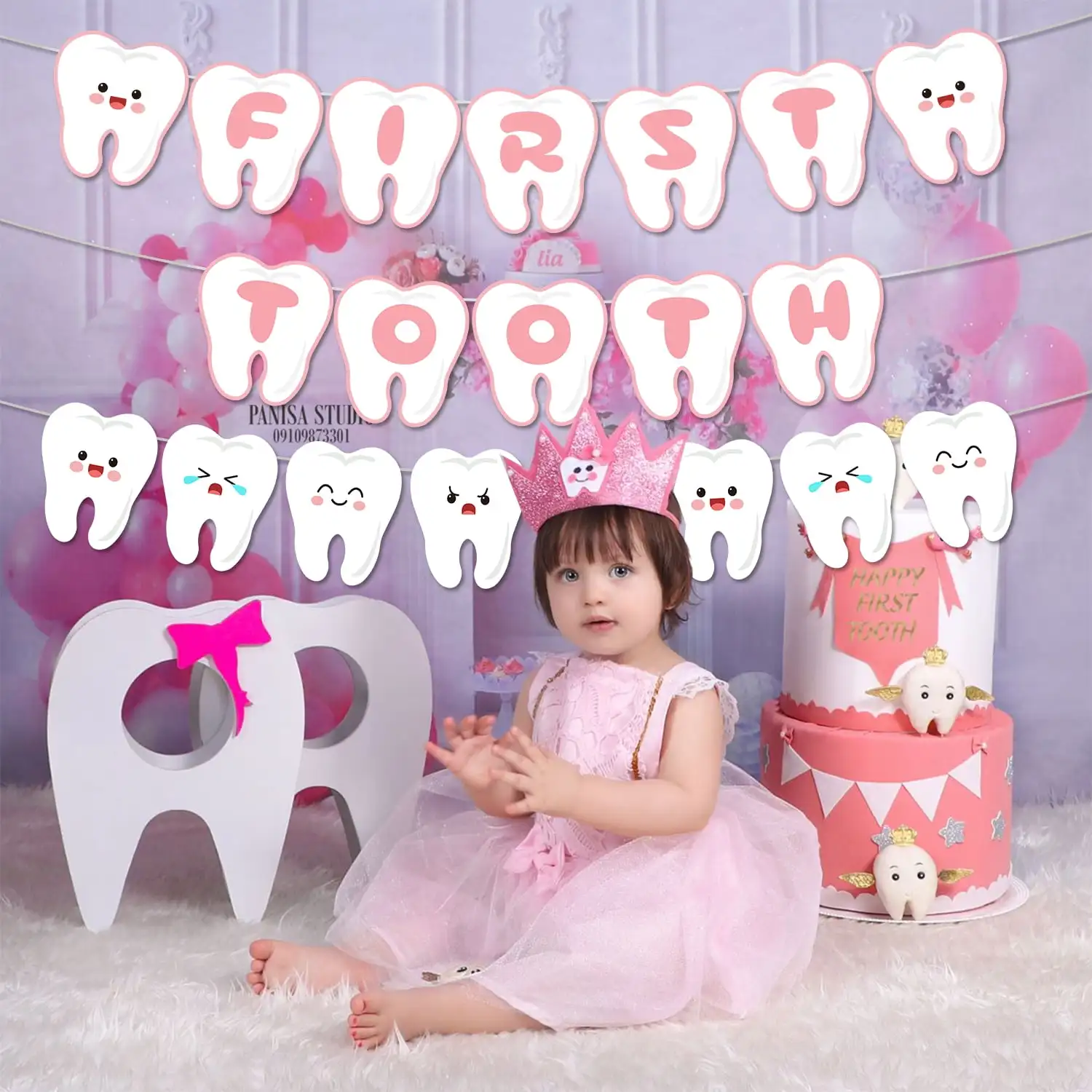 First Tooth Banner Smiling Tooth Garland First Tooth Party Decorations for Girl Boy Tooth Theme 1st Birthday Party Decoration