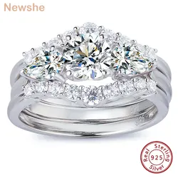 Newshe 3 szt. Zestaw ślubnych pierścionków zaręczynowych dla kobiet Symulowany diament Okrągły gruszka AAAAA CZ 925 Sterling Silver Fine Jewelry