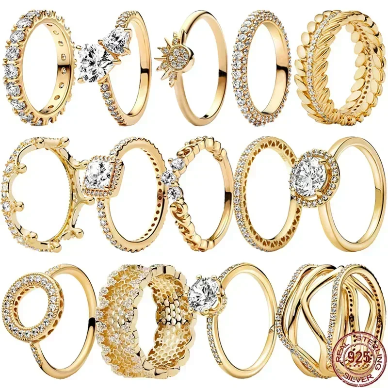 

Hot selling 925 sterling silver exquisite gold series ring, sparkling heart-shaped crown ring, fashionable charm jewelry gift