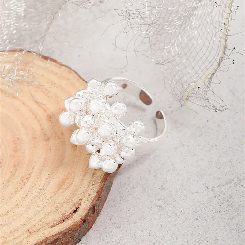 

S925 sterling silver women's ring zircon heart-shaped round bead flower cluster popular fashion jewelry party accessories