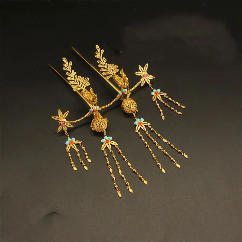 

Заколка для волос династии Тан, цветок, женская фигурка, кисточка, ступенька, ювелирные изделия, заколка для волос Hanfu, позолоченный головной убор из чистой меди с двойным фениксом