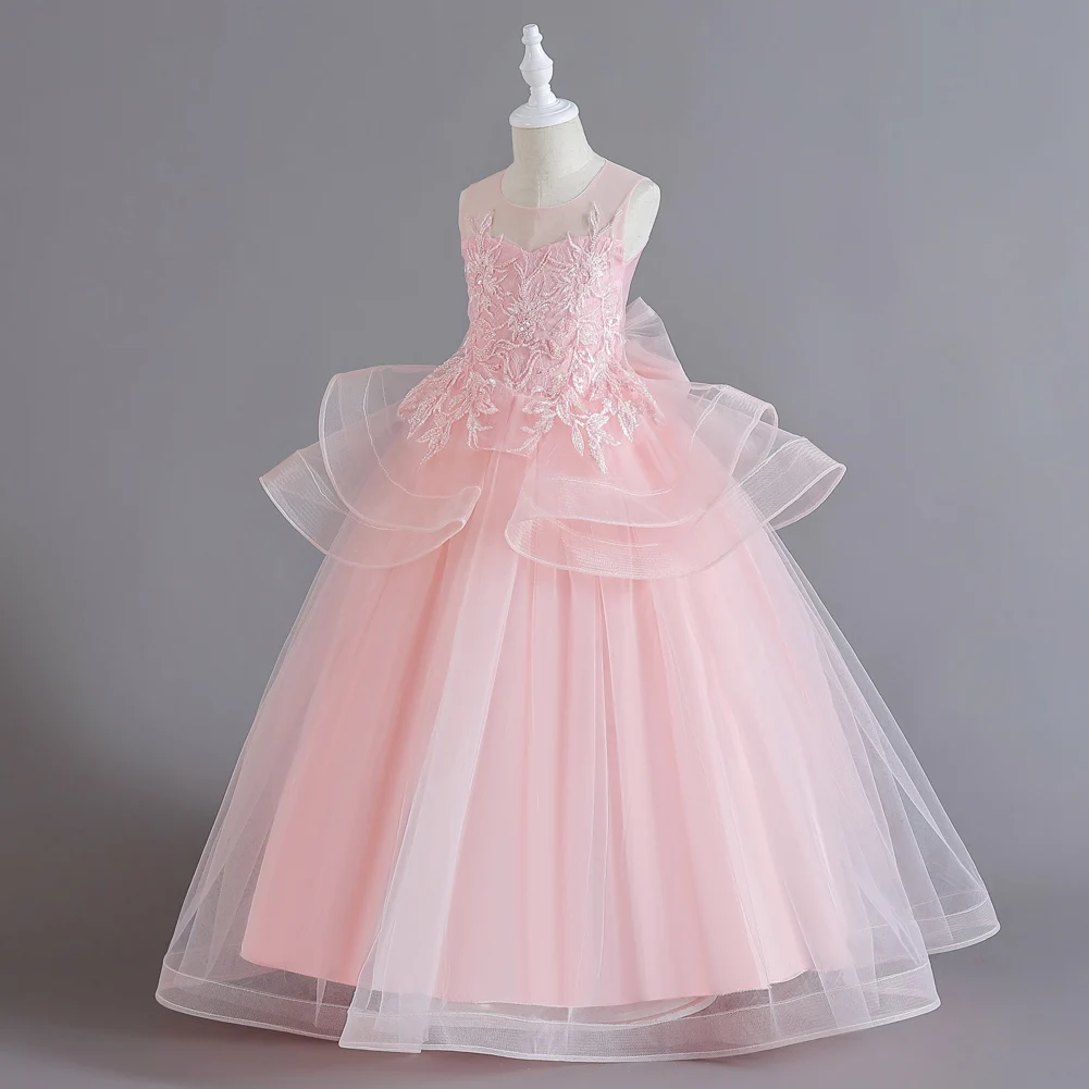 

5-14 Years Girls Birthday Party Gowns Tutu Kids Princess Pageant Dresses Embroidery Flower Girl Bridesmaid Dress Customized