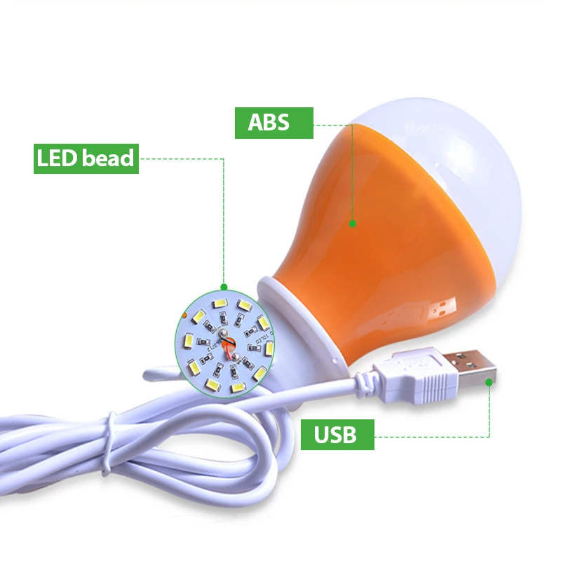 LED Book Light Reading Lamp USB LED Bulb 5W Portable Camping Lamp DC 5V LED Lantern Light Outdoor Emergency Lighting With Hook