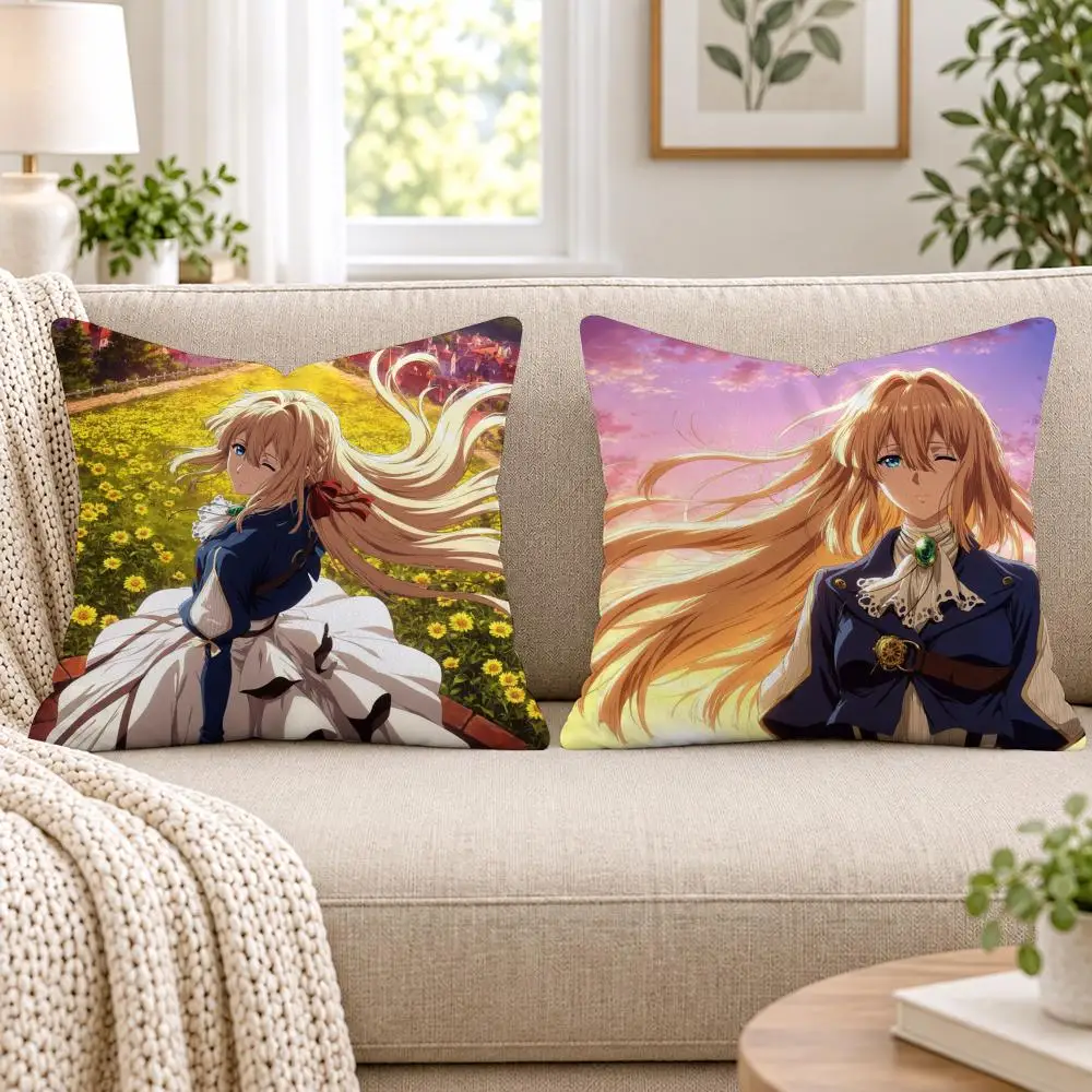 V-Violet E-Evergarden Cushion Cover Short Plush Double-Sided Printing Sofa Bedroom Pillow Case Aesthetic Home Decor