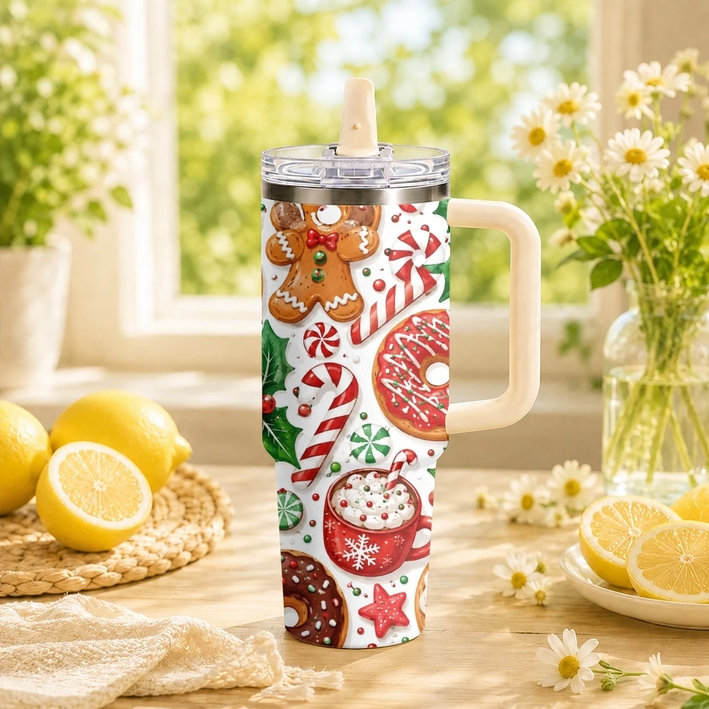 Christmas Gingerbread Candy Dessert Vacuum Flasks 40oz Stainless Steel Insulated Tumbler Leakproof Vacuum Travel Mug PortableCup