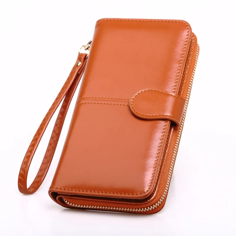 New Women Long Oil Leather Trifold Wallet Large Capacity Zipper Phone Clutch Purse Fashion Handheld Card Holder Organizer Bag