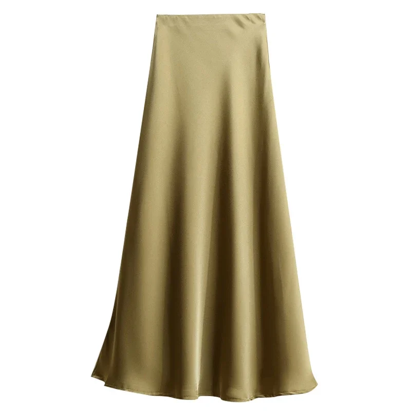 High Waisted A-line Skirt for Women Satin Silk Solid Elegant Skirts Office Lady Elastic Waist Women\'s Long Skirt  2024 Summer