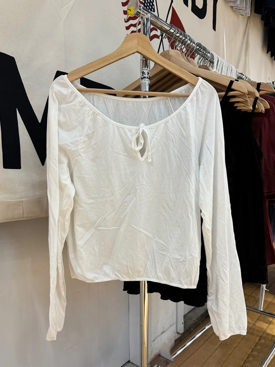 White Lace-up Thin Long Sleeve T-shirt Woman Autumn Sexy Scoop Neck Elastic Hem Cotton Tees Female Solid Simple Loose Smock Tops