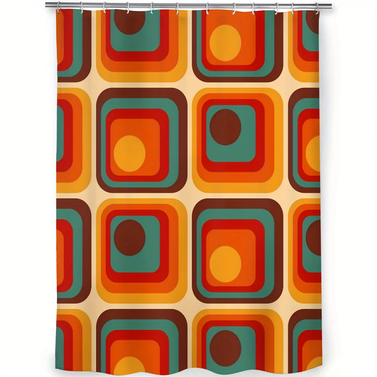 Retro Geometric Shower Curtain, 70s Style Concentric Squares, Vintage Abstract Bathroom Decor Colorful Pattern Waterproof Fabric