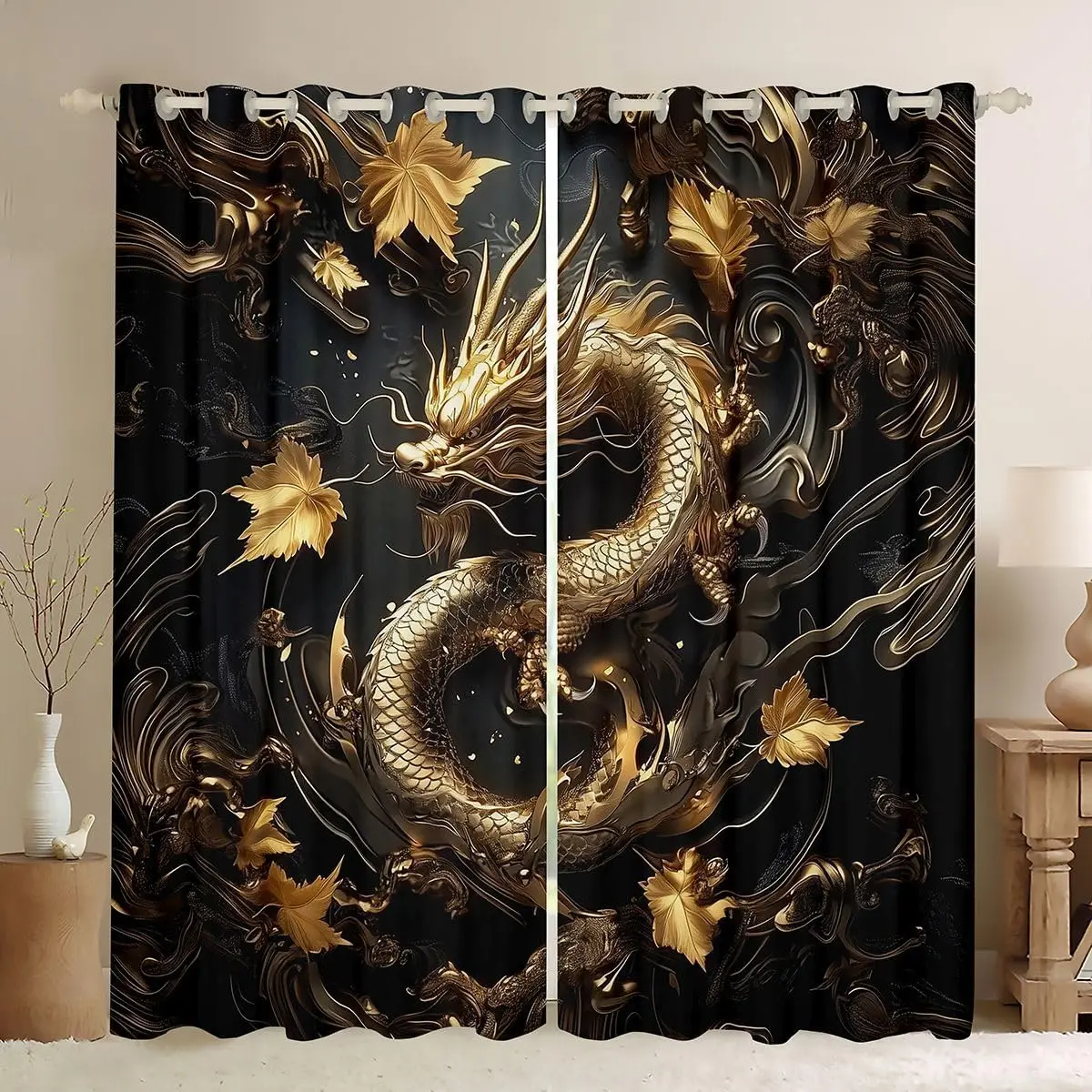 Feelyou Chinese Dragon Curtains for Bedroom Living Room Oriental Dragon Blackout Darkening Drapes Maple Leaves Window Treatments