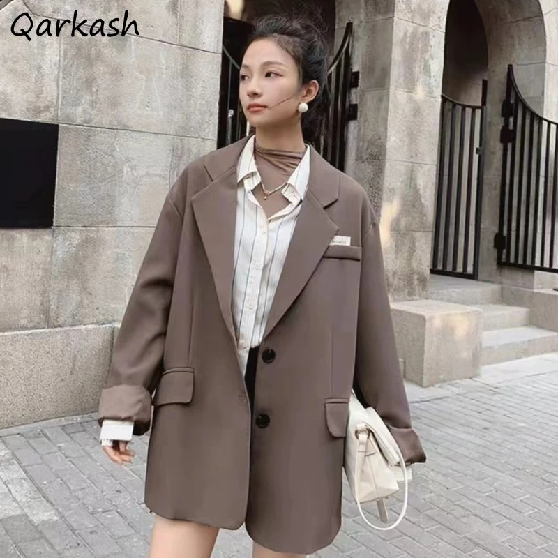 

Leisure Blazers Women Preppy Streetwear All-match Solid Single Breasted Pockets Loose Notched Harajuku Chic Trendy Outwear Ins