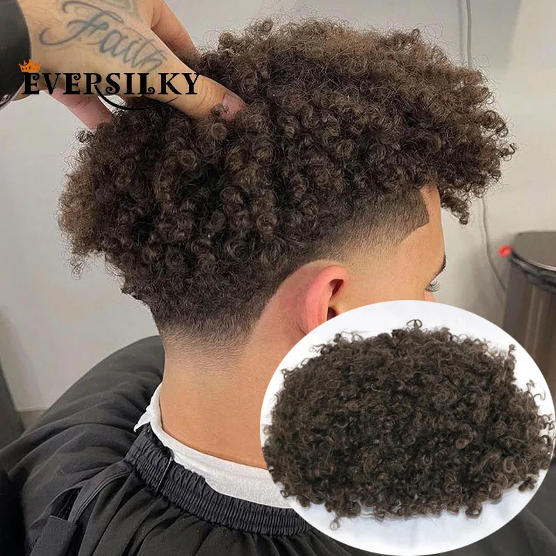 Rambut Palsu Pria Natural Hairline Afo Kinky Curly Toupee dari Rambut Manusia India Asli, Sistem Prostesis Tahan Lama dengan Basis PU Full Skin