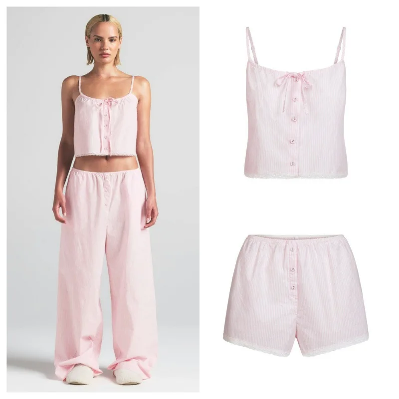 

New Pink Striped Button-Up Lace-Hem Slimming Top orts Set Faionable Knot-Waist Design Cotton Material Summer Collection