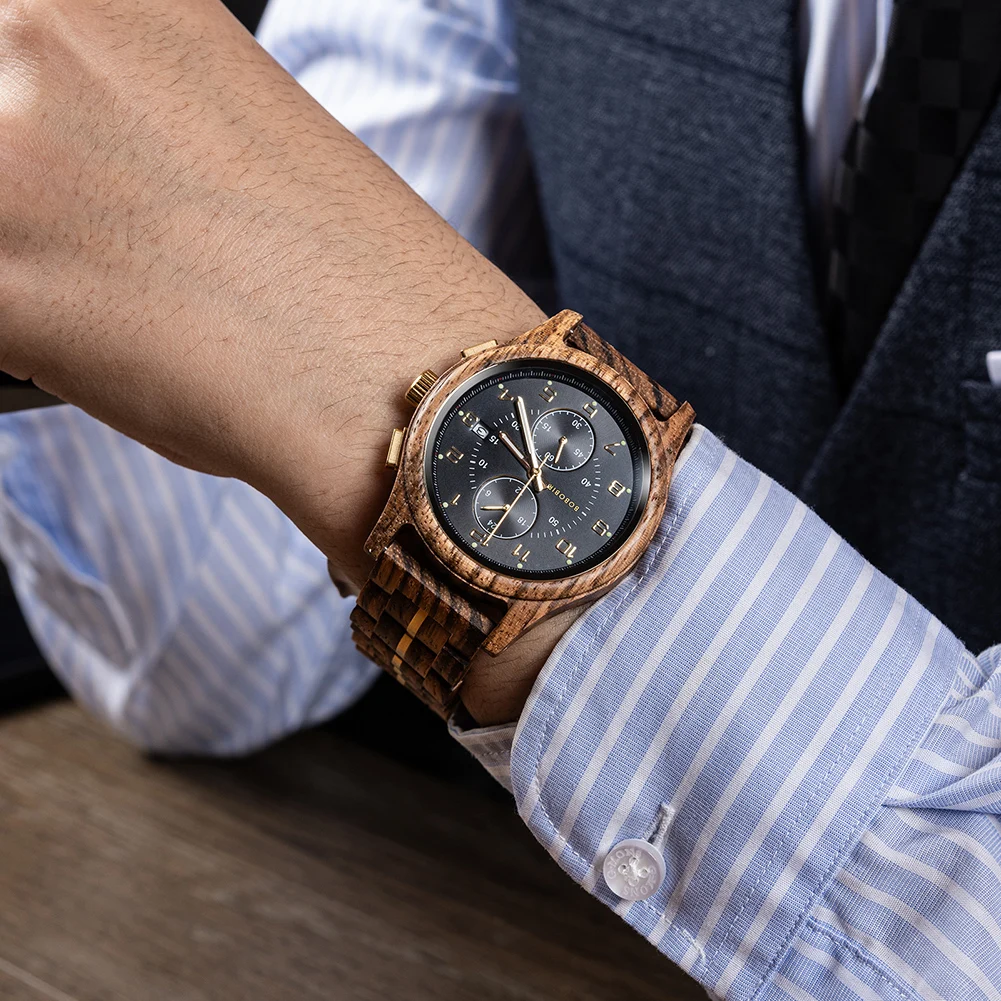 BOBO BIRD ساعة خشب رجال الأعمال ساعات كوارتز محفورة خشبية كرونوغراف ساعة اليد مع عرض التاريخ مخصص reloj madera