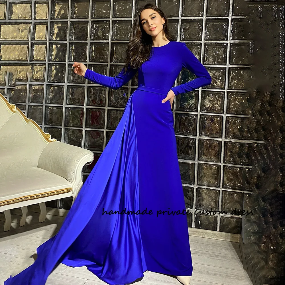 

Royal Blue Mermaid Evening Dresses Long Sleeve Spandex Satin Saudi Arabic Prom Party Dress Dubai Celebrate Formal Gowns