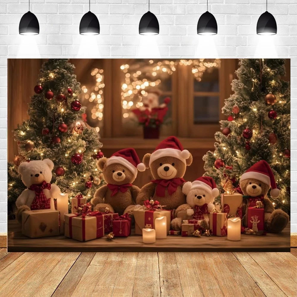 คริสต์มาสการถ่ายภาพพื้นหลังน่ารักของเล่นหมีตู้ของขวัญไม้ในร่ม House Xmas Shop เด็ก Portrait Photocall ฉากหลังตกแต่ง