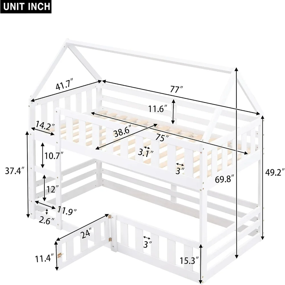 Twin Over Twin House Bunk Bed Frame for Boys Girls Kids Adults Toddler with Fence and Door, White 77