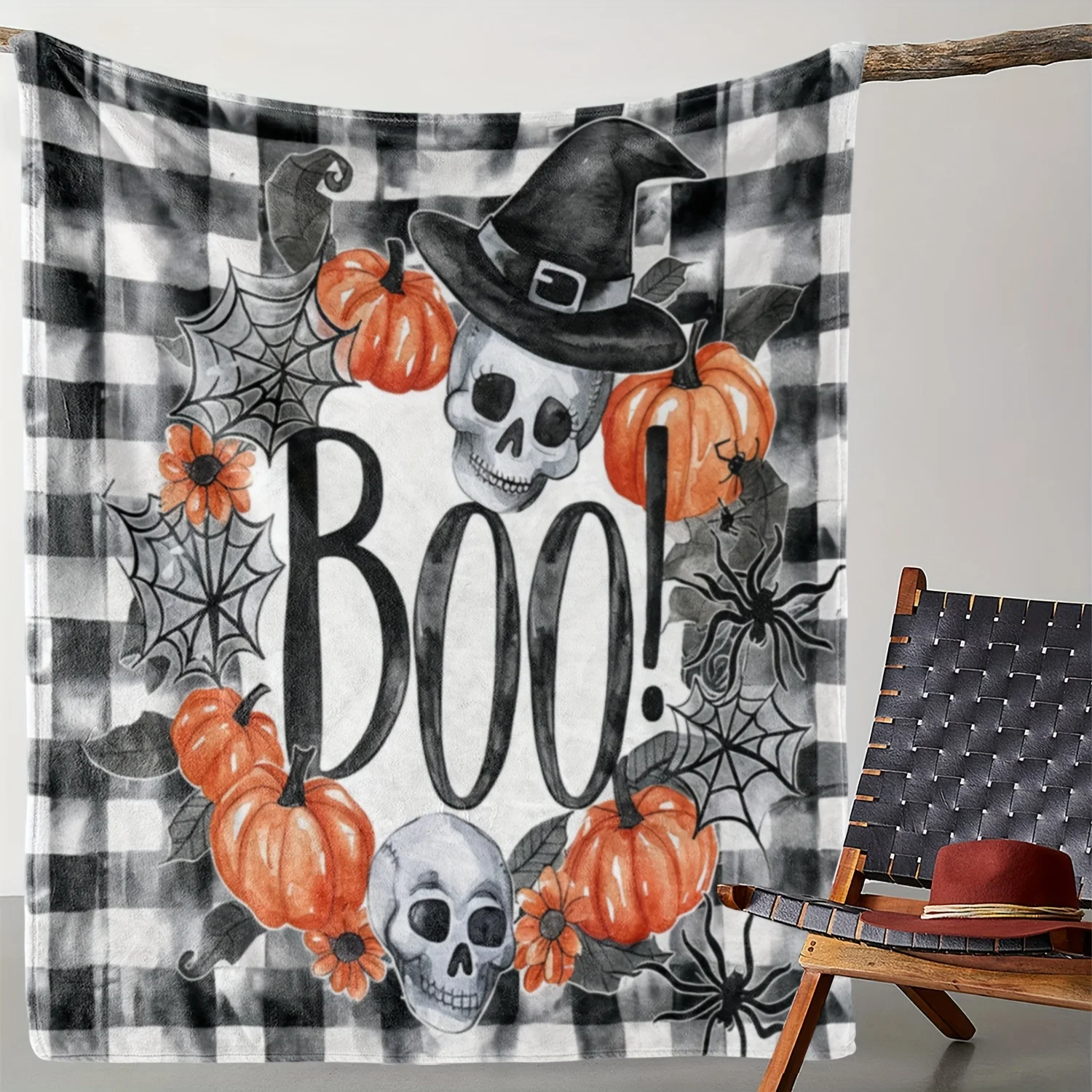 Cozy Flannel Halloween Blanket with Plaid Skull & Spider Design, Soft Warm Throw for Couch Bed Car Office Camping, Versatile All