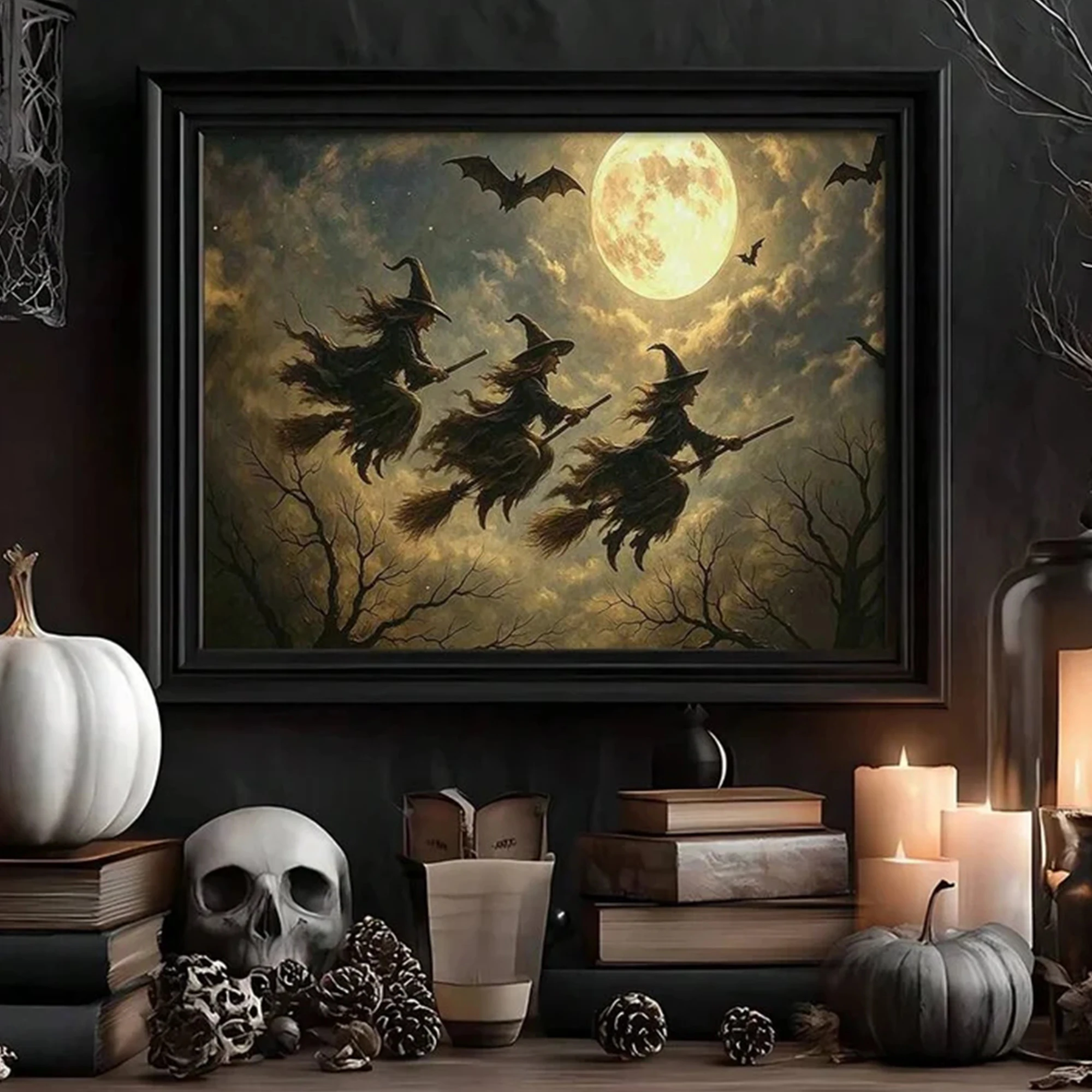 Modern Halloween Witch Under Moonlight Wall Art Print Canvas Painting Poster Picture For Living Room,Bedroom Home Decor