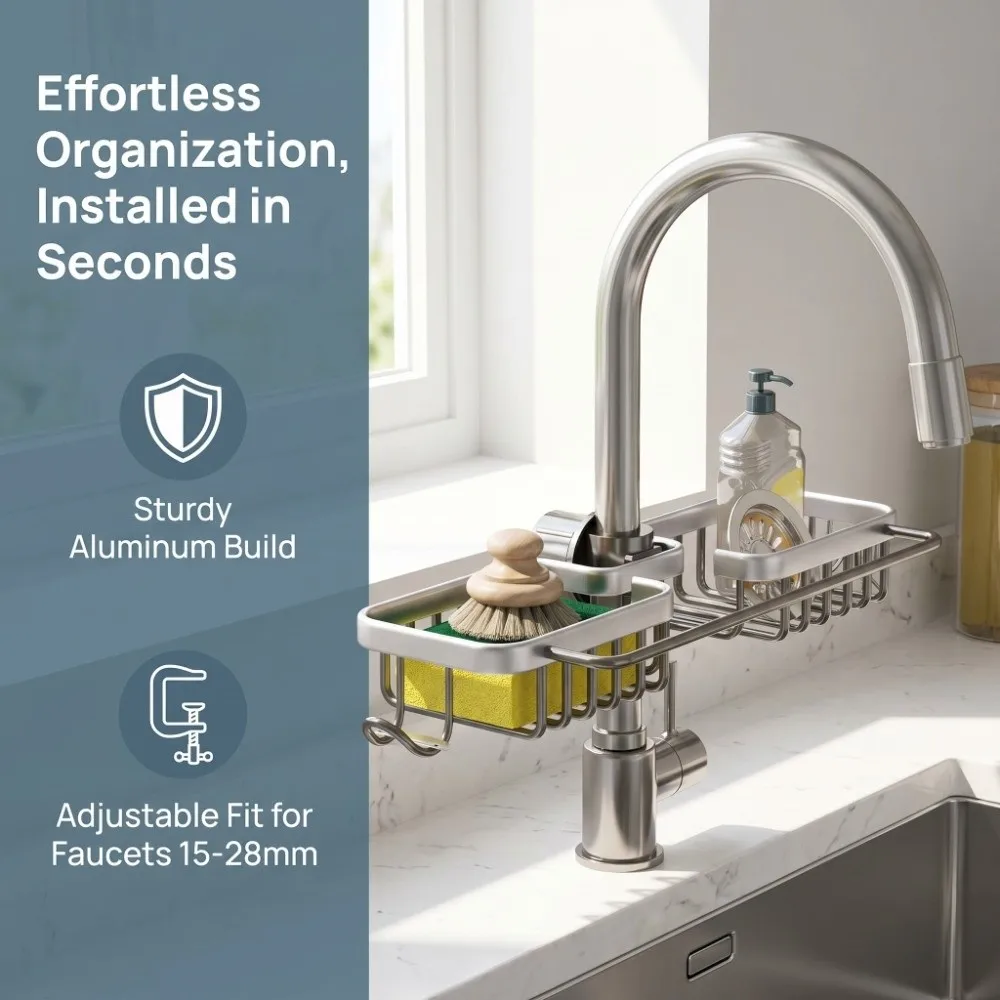 Aluminum Plastic Sink Shelf Silver Black Gold Adjustable Drainer Shelf Basket Easy Installation with Towel Rod Hanging Rack